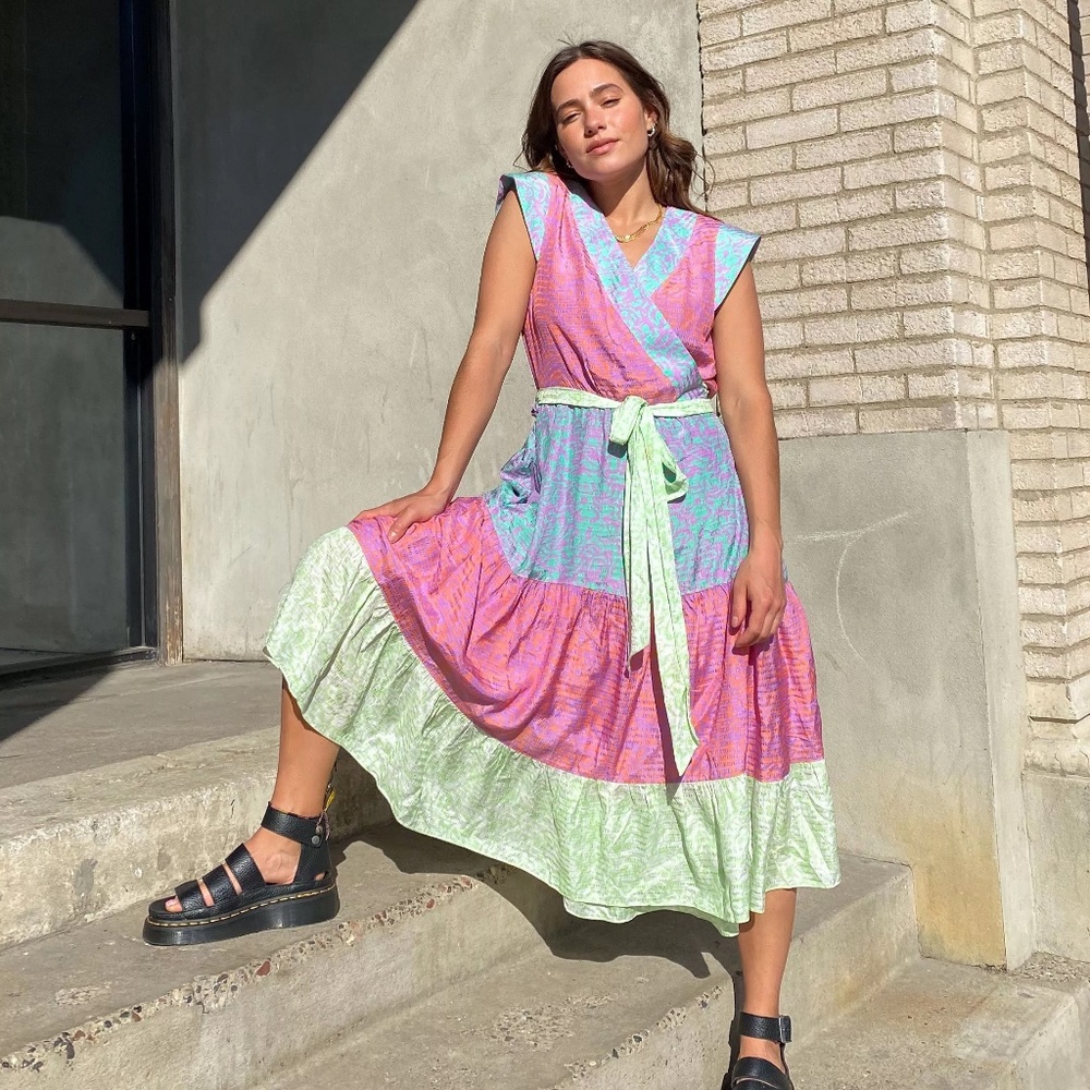 Tanya Taylor Jazzie Colorblock midi Wrap Dress 8 Easter